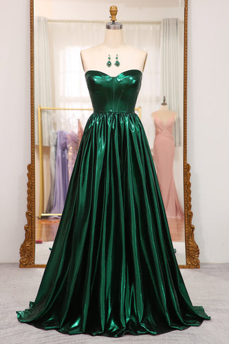 Sparkly Dark Green A Line Strapless Long Pleated Formal Dress