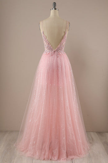 Sparkly Spaghetti Straps Pink Long Formal Dress with Beading