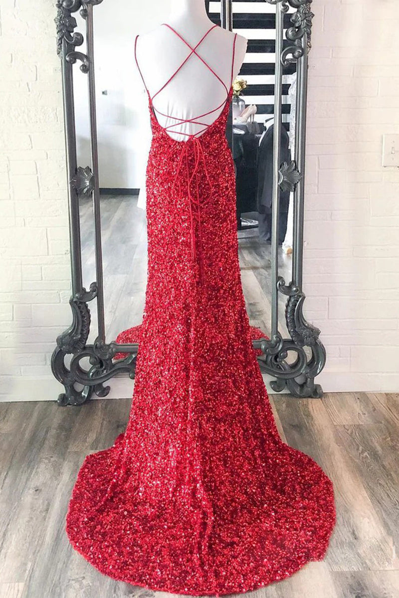 Load image into Gallery viewer, Mermaid Red Sequins Long Formal Dress with Slit