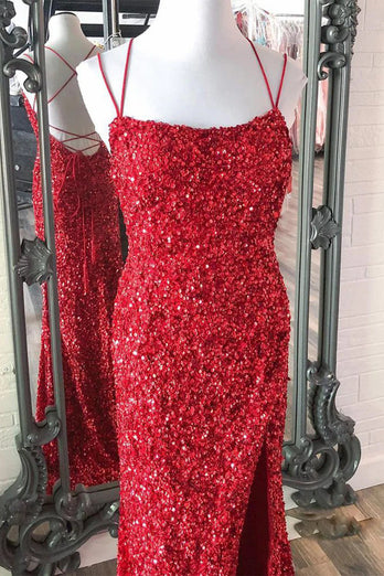 Mermaid Red Sequins Long Formal Dress with Slit