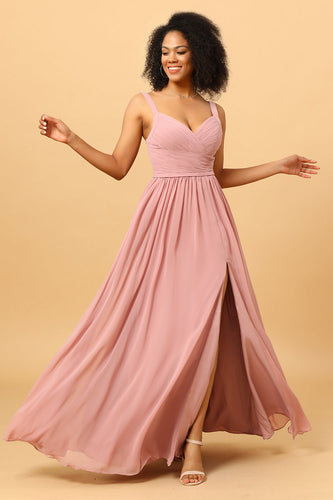 Beautiful A Line Blush Long Bridesmaid Dress with Split Front