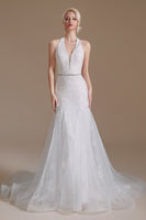 Load image into Gallery viewer, White Mermaid Halter Sweep Train Wedding Dress with Lace