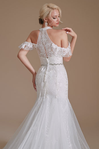 White Mermaid Halter Sweep Train Wedding Dress with Lace