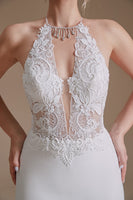 Load image into Gallery viewer, White Mermaid Halter Backless Sweep Train Wedding Dress with Lace