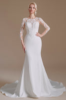 Load image into Gallery viewer, White Mermaid Long Sleeves Sweep Train Wedding Dress with Lace