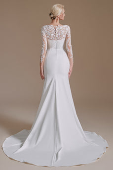 White Mermaid Long Sleeves Sweep Train Wedding Dress with Lace