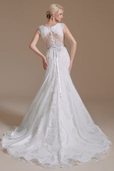 White Mermaid Cap Sleeves Bridal Dress with Lace