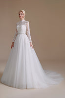 Load image into Gallery viewer, White A-Line High Neck Long Sleeves Wedding Dress with Lace