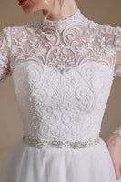 Load image into Gallery viewer, White A-Line High Neck Long Sleeves Wedding Dress with Lace