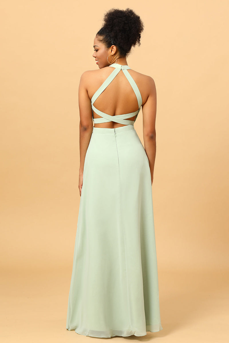 Load image into Gallery viewer, Dusty Sage Long Chiffon Bridesmaid Dress with Slit