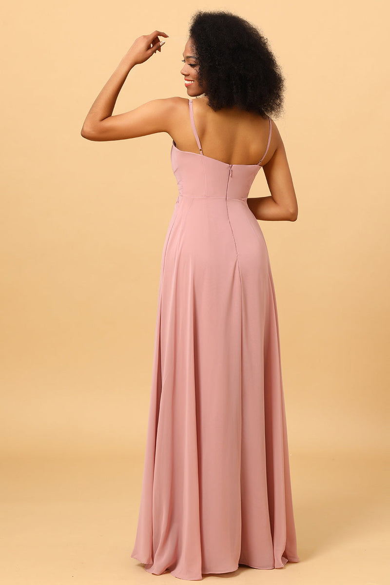 Load image into Gallery viewer, A Line Spaghetti Straps Blush Long Bridesmaid Dress with Split Front