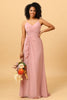 Load image into Gallery viewer, A Line Spaghetti Straps Blush Long Bridesmaid Dress with Split Front