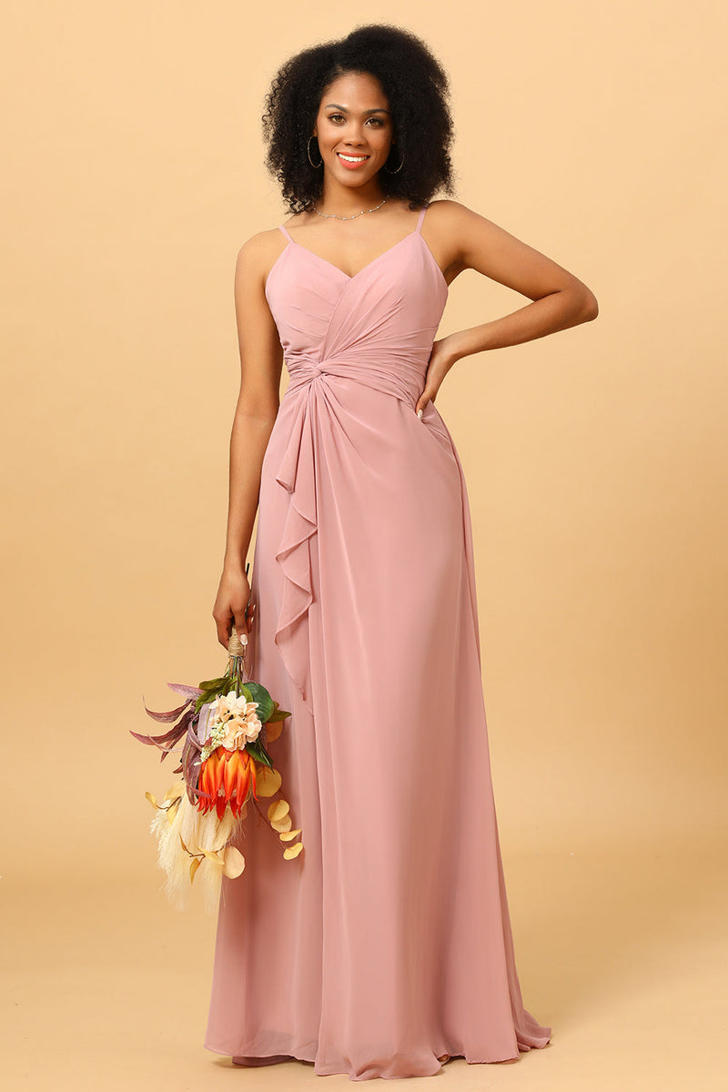 Load image into Gallery viewer, A Line Spaghetti Straps Blush Long Bridesmaid Dress with Split Front