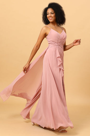 A Line Spaghetti Straps Blush Long Bridesmaid Dress with Split Front