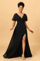Load image into Gallery viewer, Black Batwing Sleeves Long Chiffon Bridesmaid Dress