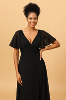Load image into Gallery viewer, Black Batwing Sleeves Long Chiffon Bridesmaid Dress