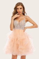 Load image into Gallery viewer, Pink Beaded Short Graduation Dress