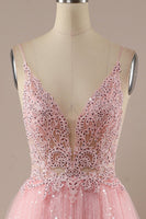 Load image into Gallery viewer, Sparkly Spaghetti Straps Pink Long Formal Dress with Beading