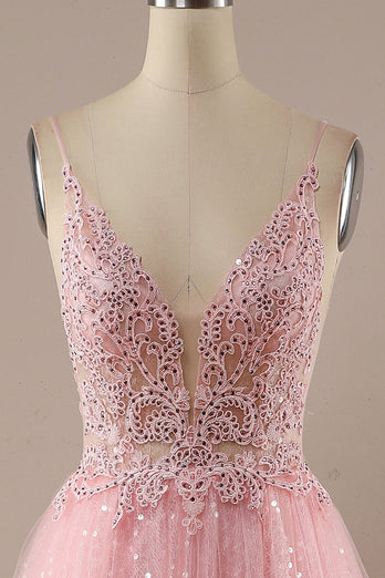 Sparkly Spaghetti Straps Pink Long Formal Dress with Beading