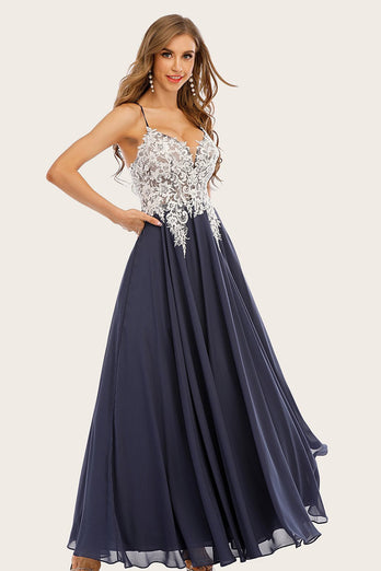 Dusty Blue Long Chiffon Formal Dress with Lace