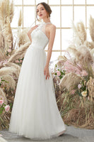 Load image into Gallery viewer, White Halter Neck Wedding Dress