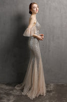 Load image into Gallery viewer, Champagne Sequin Long Formal Dress with Ruffles