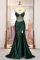 Load image into Gallery viewer, Dark Green Mermaid Satin Strapless Long Corset Formal Dress With Slit