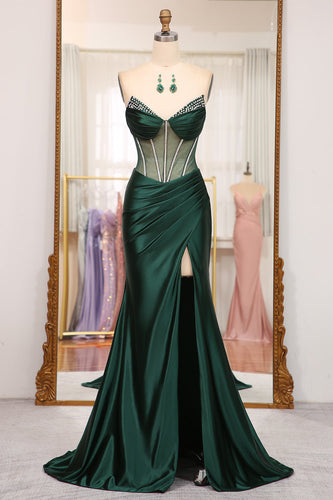 Dark Green Mermaid Satin Strapless Long Corset Formal Dress With Slit