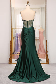 Dark Green Mermaid Satin Strapless Long Corset Formal Dress With Slit