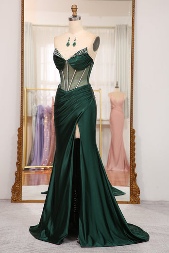 Dark Green Mermaid Satin Strapless Long Corset Formal Dress With Slit