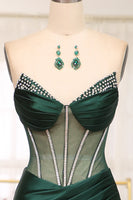 Load image into Gallery viewer, Dark Green Mermaid Satin Strapless Long Corset Formal Dress With Slit
