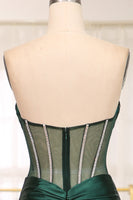 Load image into Gallery viewer, Dark Green Mermaid Satin Strapless Long Corset Formal Dress With Slit