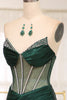 Load image into Gallery viewer, Dark Green Mermaid Satin Strapless Long Corset Formal Dress With Slit