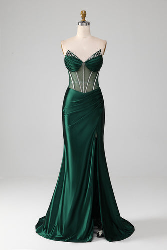 Mermaid Sweetheart Dark Green Corset Formal Dress with Split Front