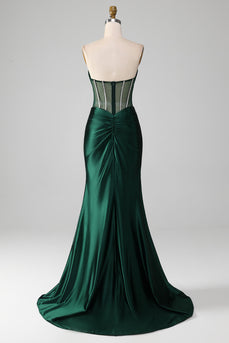 Mermaid Sweetheart Dark Green Corset Formal Dress with Split Front
