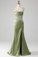 Load image into Gallery viewer, Mermaid Spaghetti Straps Sage Corset Formal Dress with Split Front