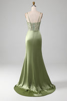 Load image into Gallery viewer, Mermaid Spaghetti Straps Sage Corset Formal Dress with Split Front