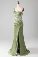 Load image into Gallery viewer, Mermaid Spaghetti Straps Sage Corset Formal Dress with Split Front