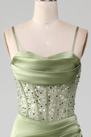 Load image into Gallery viewer, Mermaid Spaghetti Straps Sage Corset Formal Dress with Split Front