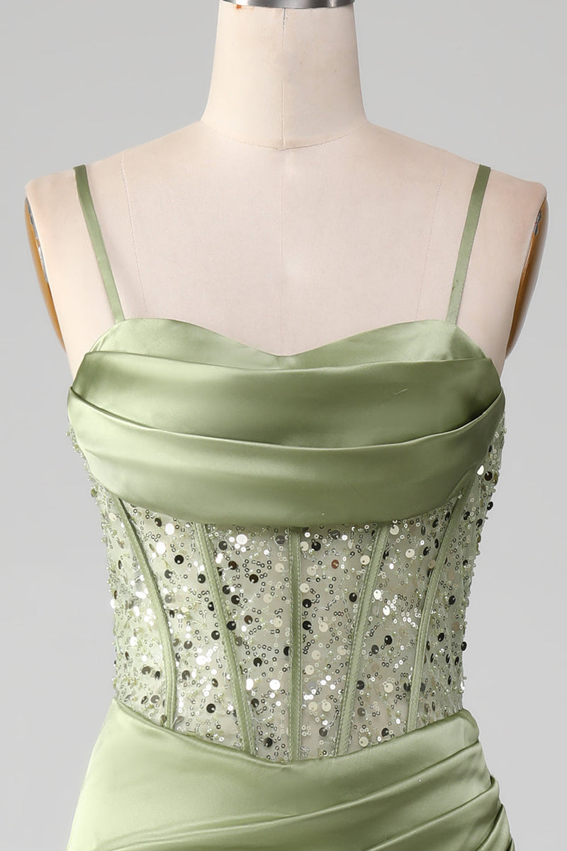 Load image into Gallery viewer, Mermaid Spaghetti Straps Sage Corset Formal Dress with Split Front