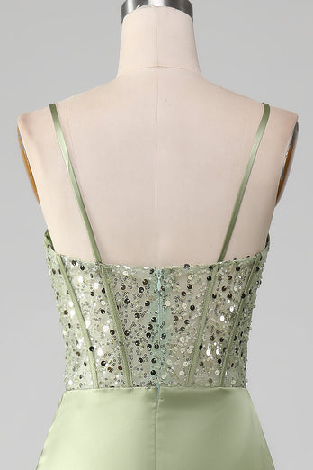 Mermaid Spaghetti Straps Sage Corset Formal Dress with Split Front