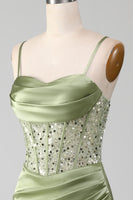 Load image into Gallery viewer, Mermaid Spaghetti Straps Sage Corset Formal Dress with Split Front