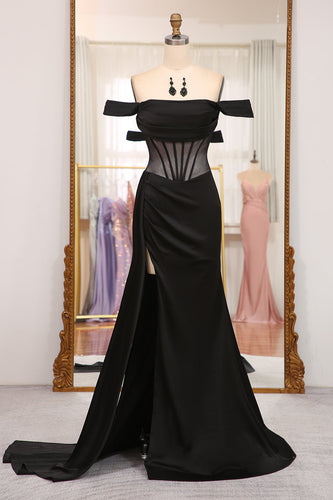 Black Mermaid Off the Shoulder Long Corset Formal Dress With Slit