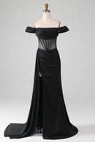 Load image into Gallery viewer, Black Off the Shoulder Satin Corset Mermaid Formal Dress with Slit