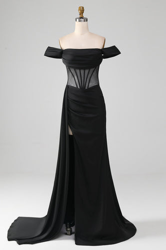 Black Off the Shoulder Satin Corset Mermaid Formal Dress with Slit