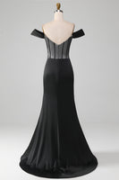 Load image into Gallery viewer, Black Off the Shoulder Satin Corset Mermaid Formal Dress with Slit