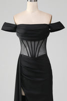 Load image into Gallery viewer, Black Off the Shoulder Satin Corset Mermaid Formal Dress with Slit