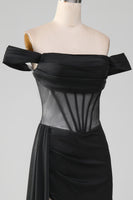 Load image into Gallery viewer, Black Off the Shoulder Satin Corset Mermaid Formal Dress with Slit