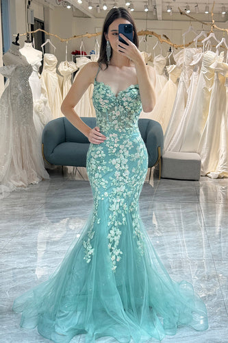Light Green Mermaid Backless Long Corset Formal Dress With Appliques