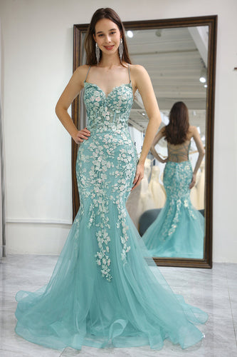 Light Green Mermaid Long Corset Formal Dress With Appliques